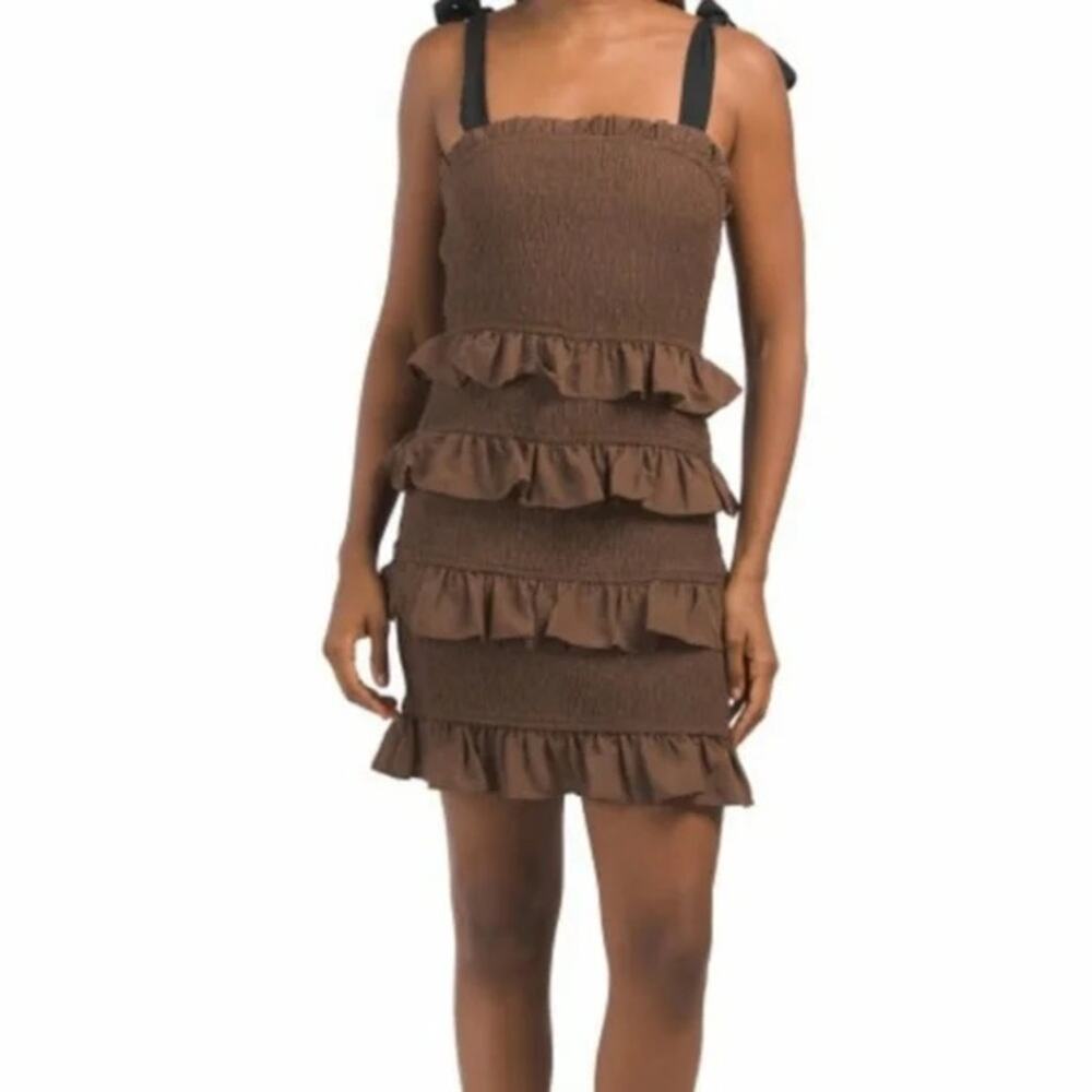 Endless Rose Brown Ruffle Smocked Tie Shoulder Mini Dress Size XS